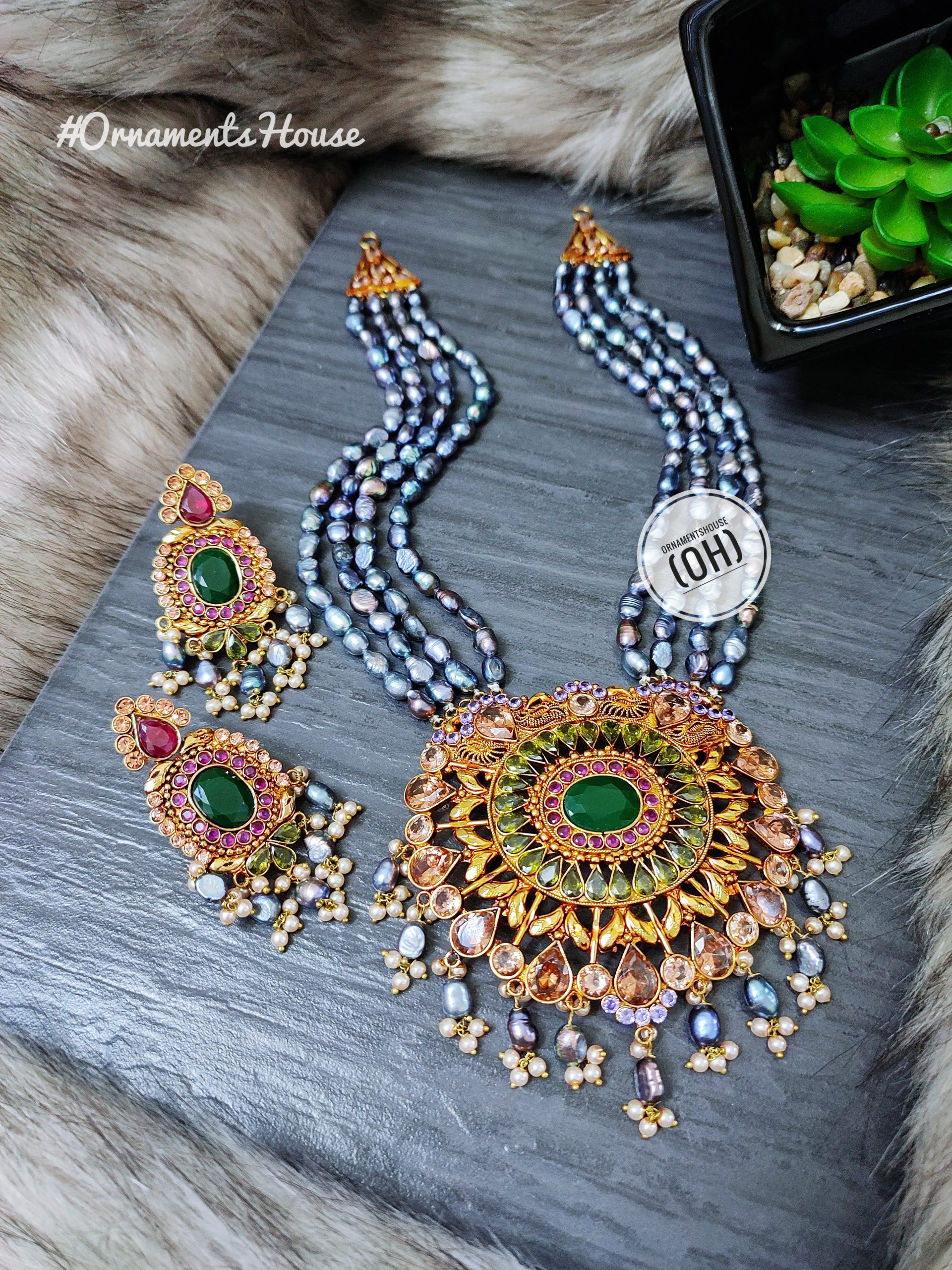 Real Pearl - Ash Color Long Necklace with Hena Stone