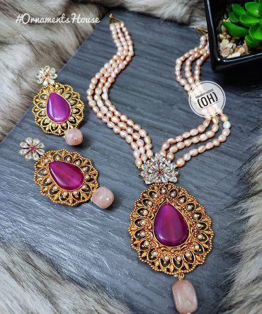 Real Pearl - Magenta Color Long Necklace