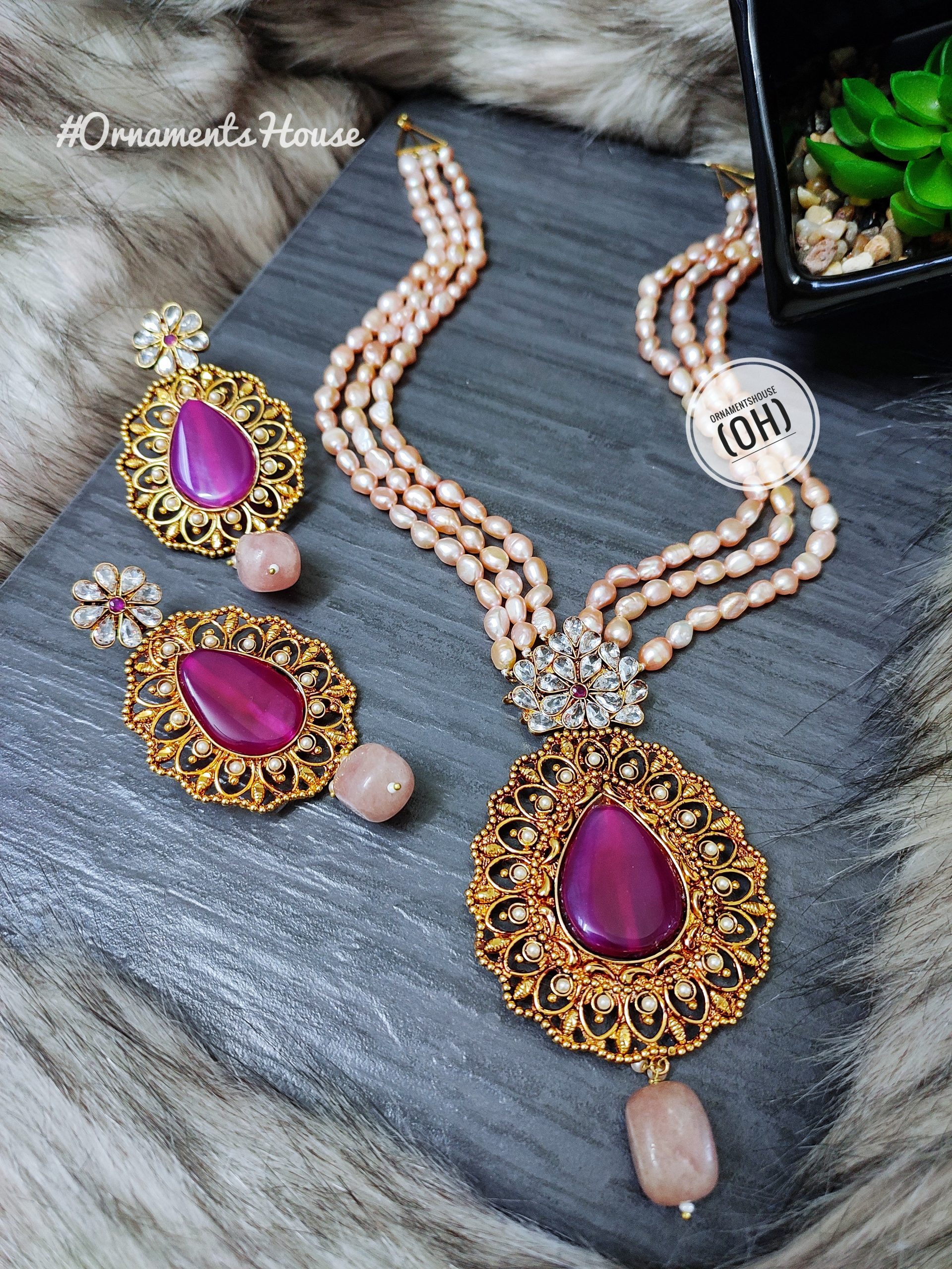 Real Pearl - Magenta Color Long Necklace