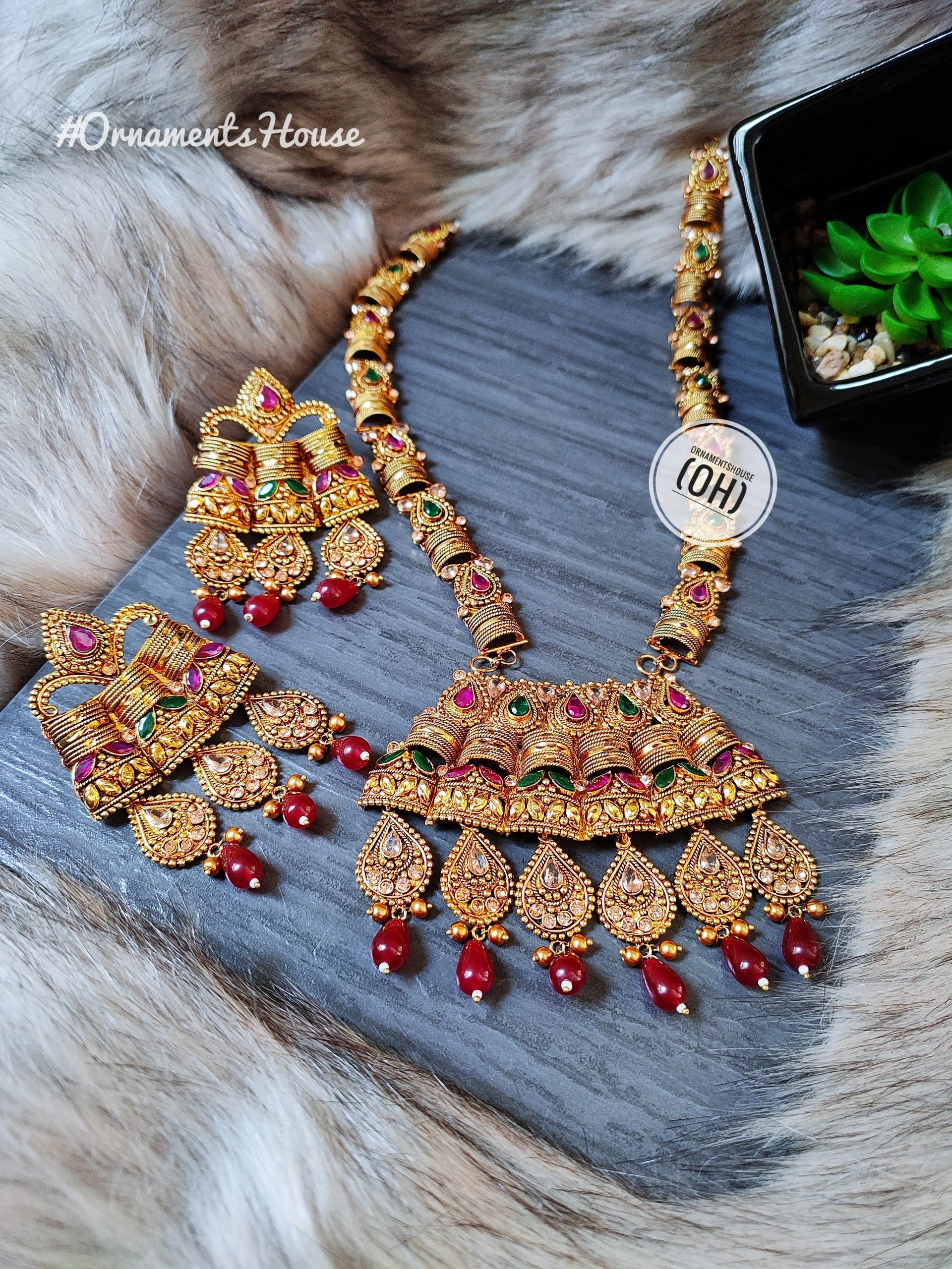 Gold Plated - Green and Magenta Long Necklace